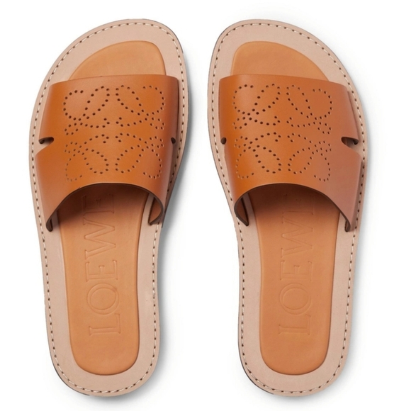 LOEWE Anagram Perforated Leather Slides Sandals Caramel - Size 10